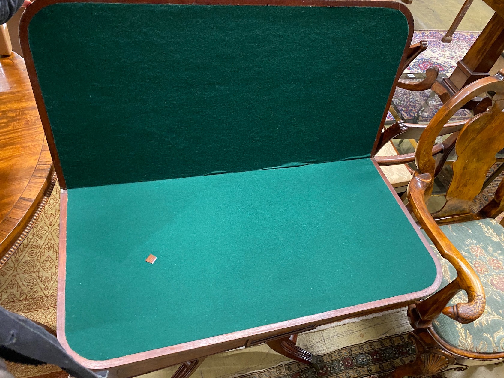 A Regency banded mahogany folding card table, width 90cm, depth 45cm, height 73cm